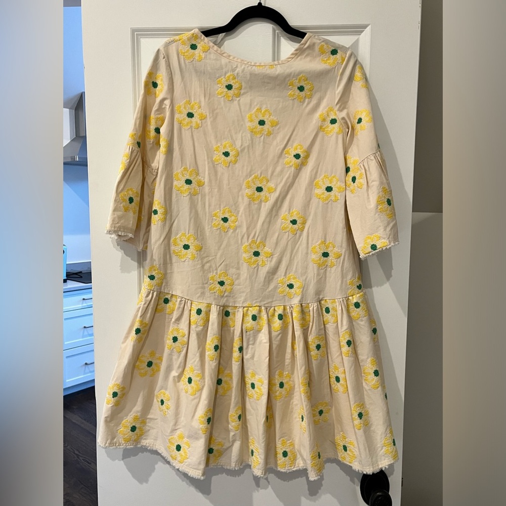*OTTOD’AME* CREAM DROP WAIST DRESS WITH ALL OVER CROSS STITCH FLOWERS- SIZE 2